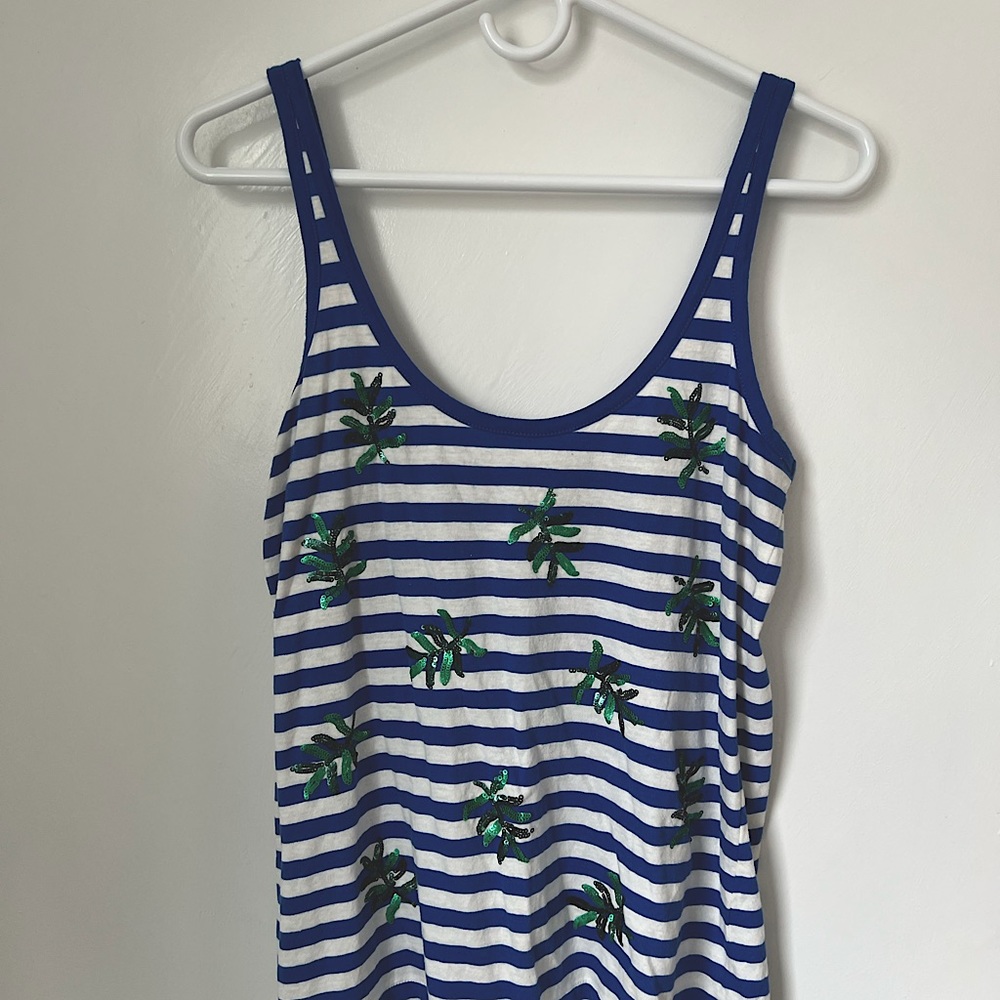 Blue and white  cotton striped tank with sequined palm trees. J. Crew. Size S.